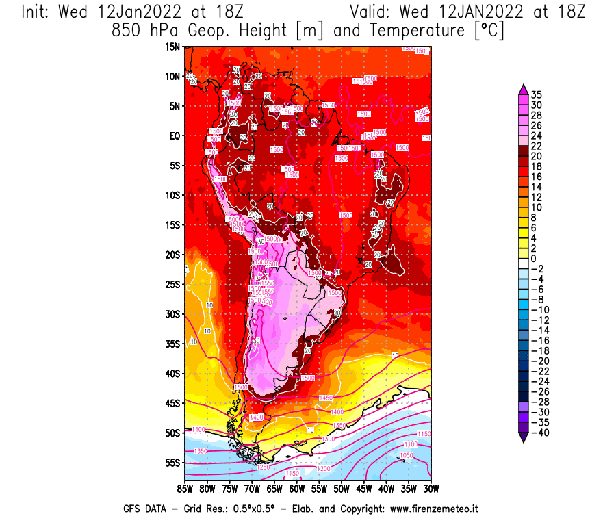 Mappa di analisi GFS - Geopotenziale [m] e Temperatura [°C] a 850 hPa in Sud-America
							del 12/01/2022 18 <!--googleoff: index-->UTC<!--googleon: index-->