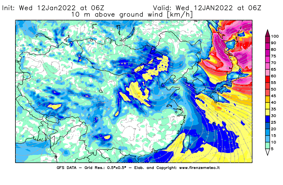 Mappa di analisi GFS - Velocità del vento a 10 metri dal suolo [km/h] in Asia Orientale
							del 12/01/2022 06 <!--googleoff: index-->UTC<!--googleon: index-->