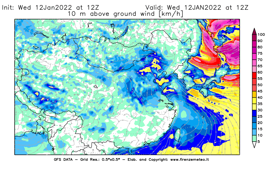Mappa di analisi GFS - Velocità del vento a 10 metri dal suolo [km/h] in Asia Orientale
							del 12/01/2022 12 <!--googleoff: index-->UTC<!--googleon: index-->
