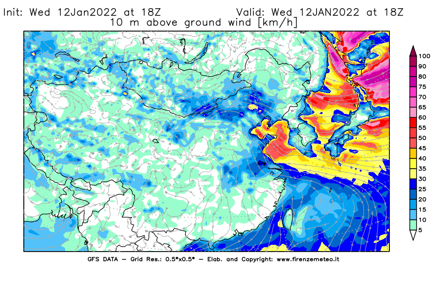 Mappa di analisi GFS - Velocità del vento a 10 metri dal suolo [km/h] in Asia Orientale
							del 12/01/2022 18 <!--googleoff: index-->UTC<!--googleon: index-->