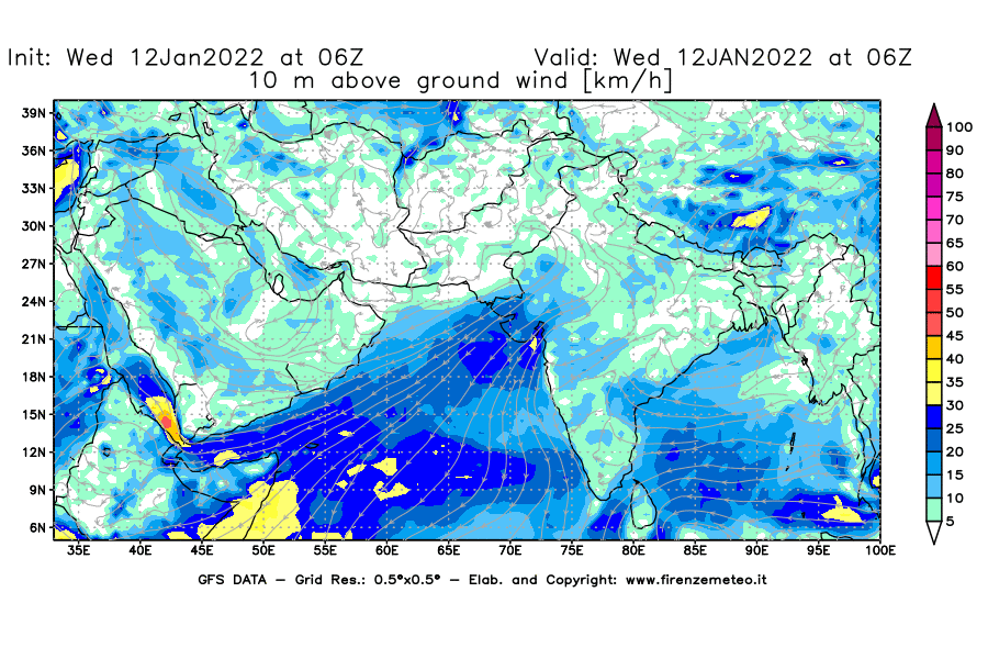 Mappa di analisi GFS - Velocità del vento a 10 metri dal suolo [km/h] in Asia Sud-Occidentale
							del 12/01/2022 06 <!--googleoff: index-->UTC<!--googleon: index-->