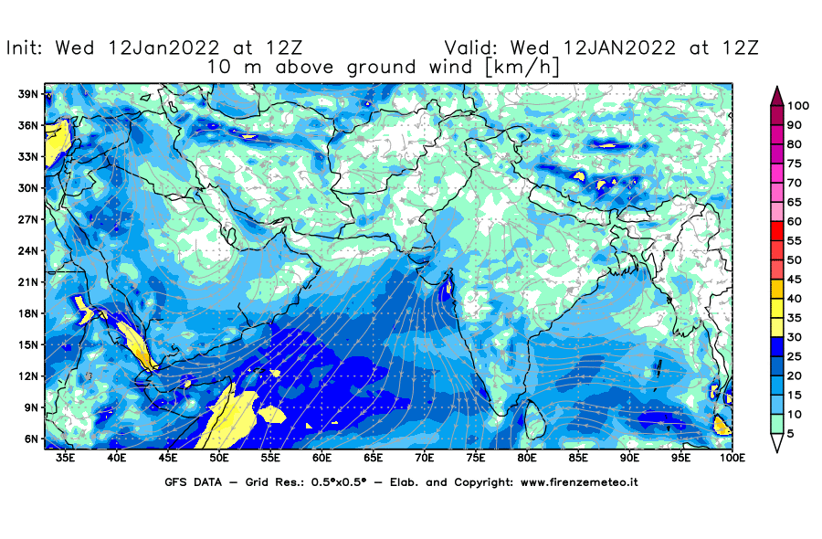 Mappa di analisi GFS - Velocità del vento a 10 metri dal suolo [km/h] in Asia Sud-Occidentale
							del 12/01/2022 12 <!--googleoff: index-->UTC<!--googleon: index-->