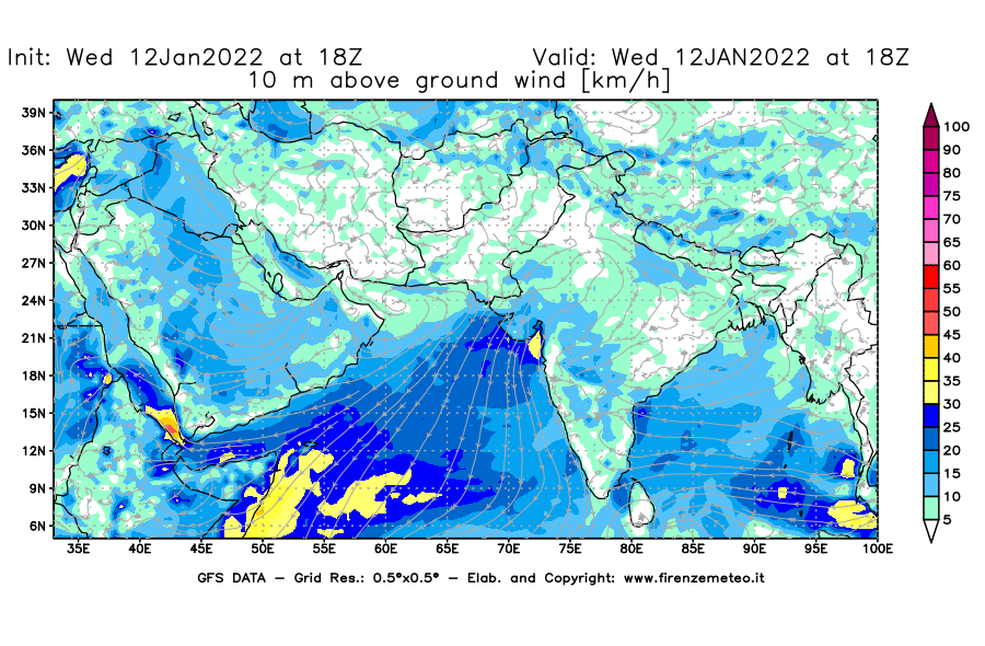 Mappa di analisi GFS - Velocità del vento a 10 metri dal suolo [km/h] in Asia Sud-Occidentale
							del 12/01/2022 18 <!--googleoff: index-->UTC<!--googleon: index-->
