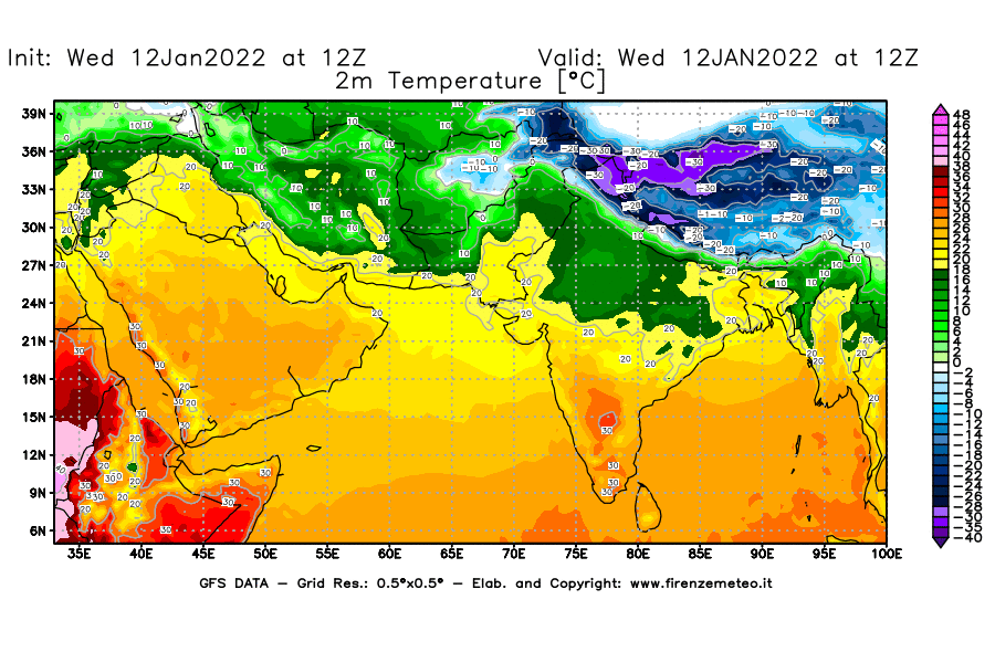 Mappa di analisi GFS - Temperatura a 2 metri dal suolo [°C] in Asia Sud-Occidentale
							del 12/01/2022 12 <!--googleoff: index-->UTC<!--googleon: index-->