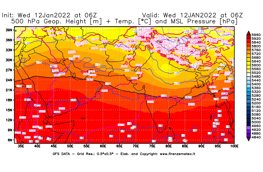 Mappa di analisi GFS - Geopotenziale [m] + Temp. [°C] a 500 hPa + Press. a livello del mare [hPa] in Asia Sud-Occidentale
							del 12/01/2022 06 <!--googleoff: index-->UTC<!--googleon: index-->