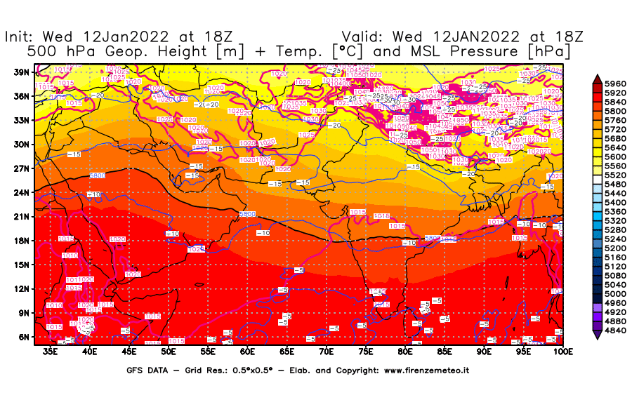 Mappa di analisi GFS - Geopotenziale [m] + Temp. [°C] a 500 hPa + Press. a livello del mare [hPa] in Asia Sud-Occidentale
							del 12/01/2022 18 <!--googleoff: index-->UTC<!--googleon: index-->