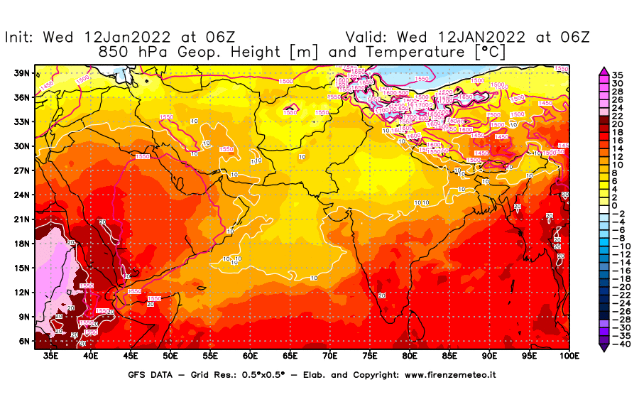 Mappa di analisi GFS - Geopotenziale [m] e Temperatura [°C] a 850 hPa in Asia Sud-Occidentale
							del 12/01/2022 06 <!--googleoff: index-->UTC<!--googleon: index-->