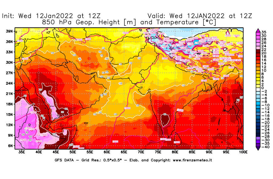 Mappa di analisi GFS - Geopotenziale [m] e Temperatura [°C] a 850 hPa in Asia Sud-Occidentale
							del 12/01/2022 12 <!--googleoff: index-->UTC<!--googleon: index-->