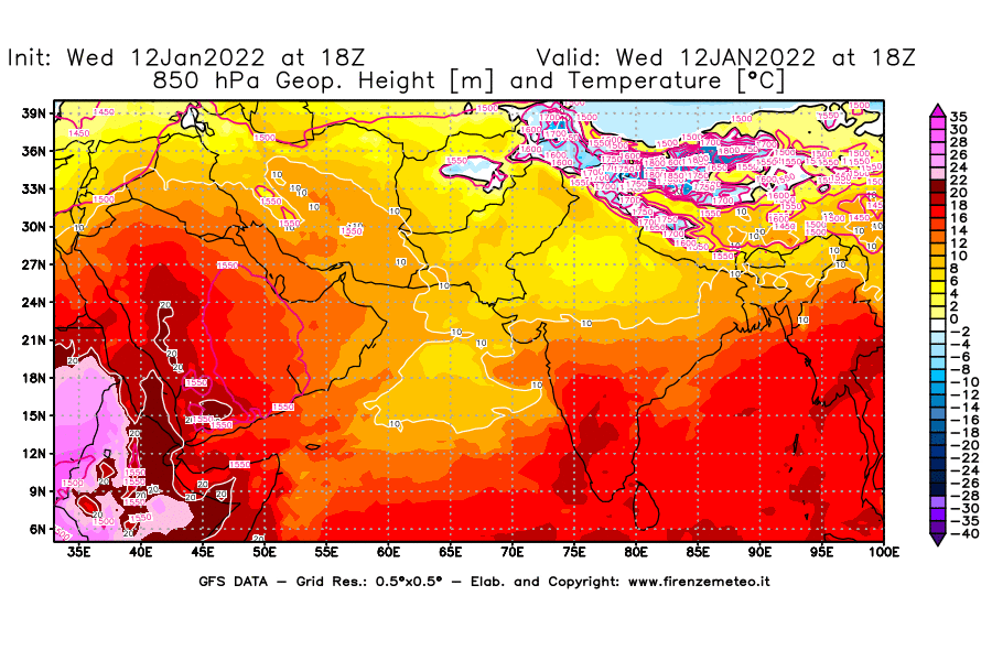 Mappa di analisi GFS - Geopotenziale [m] e Temperatura [°C] a 850 hPa in Asia Sud-Occidentale
							del 12/01/2022 18 <!--googleoff: index-->UTC<!--googleon: index-->