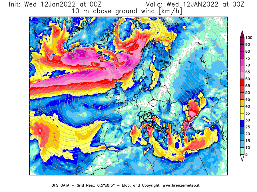 Mappa di analisi GFS - Velocità del vento a 10 metri dal suolo [km/h] in Europa
							del 12/01/2022 00 <!--googleoff: index-->UTC<!--googleon: index-->