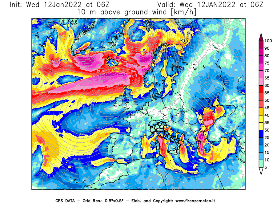 Mappa di analisi GFS - Velocità del vento a 10 metri dal suolo [km/h] in Europa
							del 12/01/2022 06 <!--googleoff: index-->UTC<!--googleon: index-->