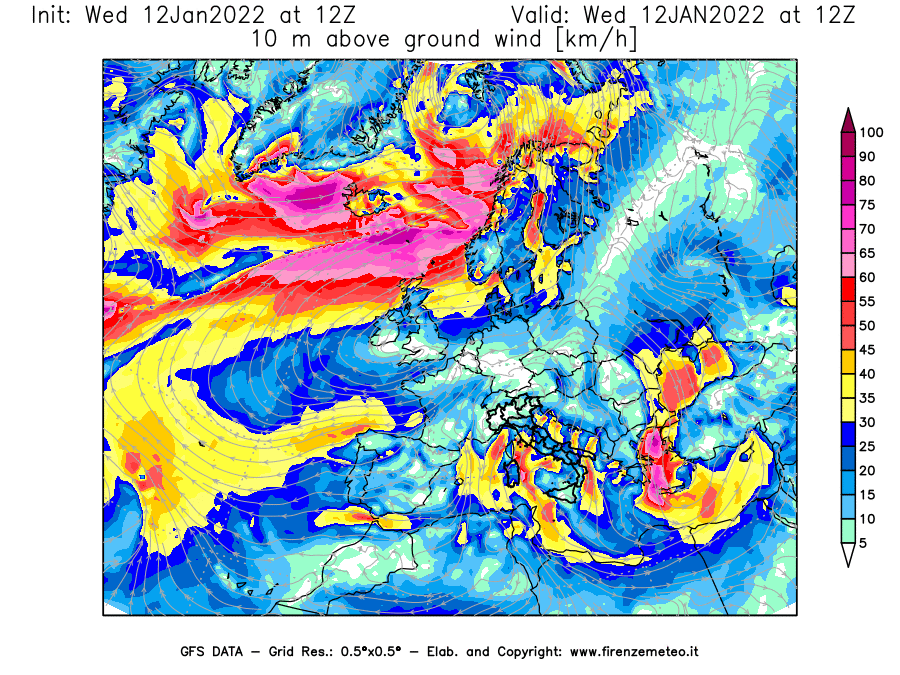 Mappa di analisi GFS - Velocità del vento a 10 metri dal suolo [km/h] in Europa
							del 12/01/2022 12 <!--googleoff: index-->UTC<!--googleon: index-->