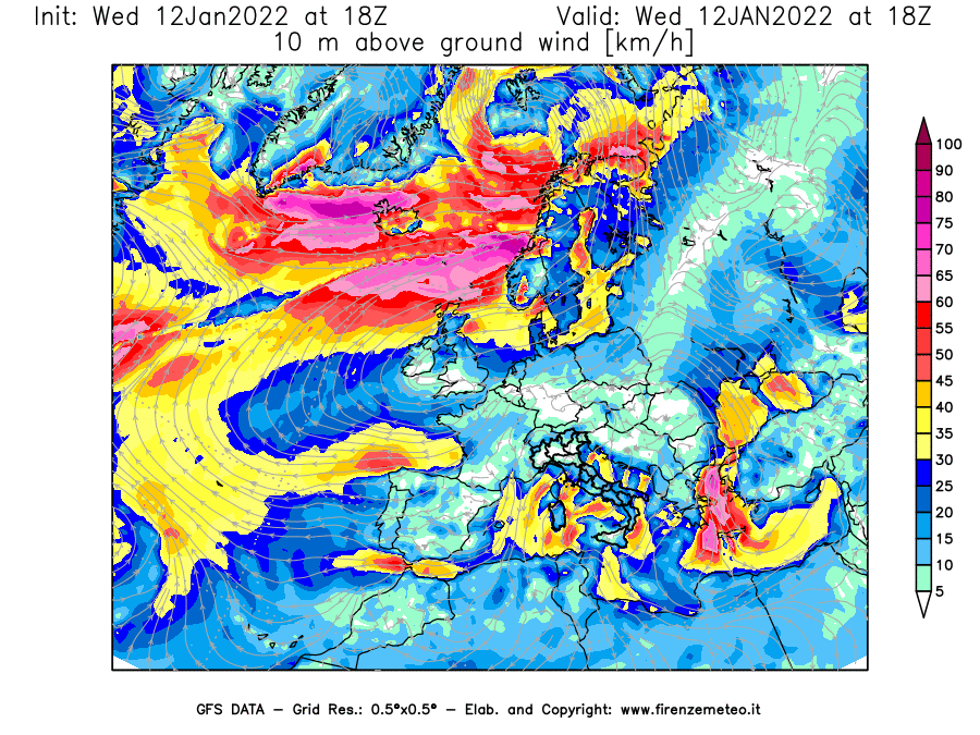 Mappa di analisi GFS - Velocità del vento a 10 metri dal suolo [km/h] in Europa
							del 12/01/2022 18 <!--googleoff: index-->UTC<!--googleon: index-->