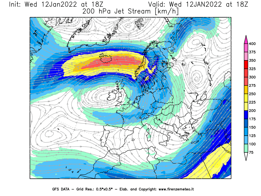 Mappa di analisi GFS - Jet Stream a 200 hPa in Europa
							del 12/01/2022 18 <!--googleoff: index-->UTC<!--googleon: index-->