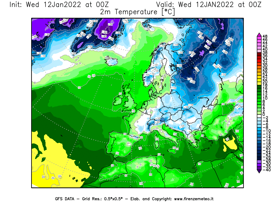 Mappa di analisi GFS - Temperatura a 2 metri dal suolo [°C] in Europa
							del 12/01/2022 00 <!--googleoff: index-->UTC<!--googleon: index-->