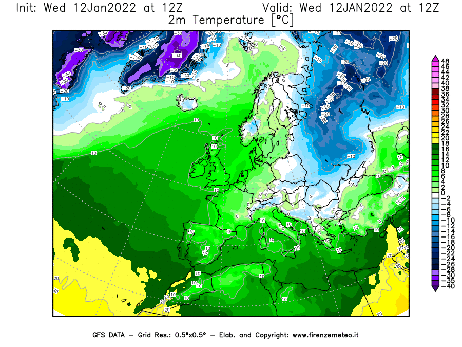 Mappa di analisi GFS - Temperatura a 2 metri dal suolo [°C] in Europa
							del 12/01/2022 12 <!--googleoff: index-->UTC<!--googleon: index-->