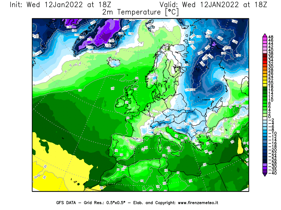 Mappa di analisi GFS - Temperatura a 2 metri dal suolo [°C] in Europa
							del 12/01/2022 18 <!--googleoff: index-->UTC<!--googleon: index-->
