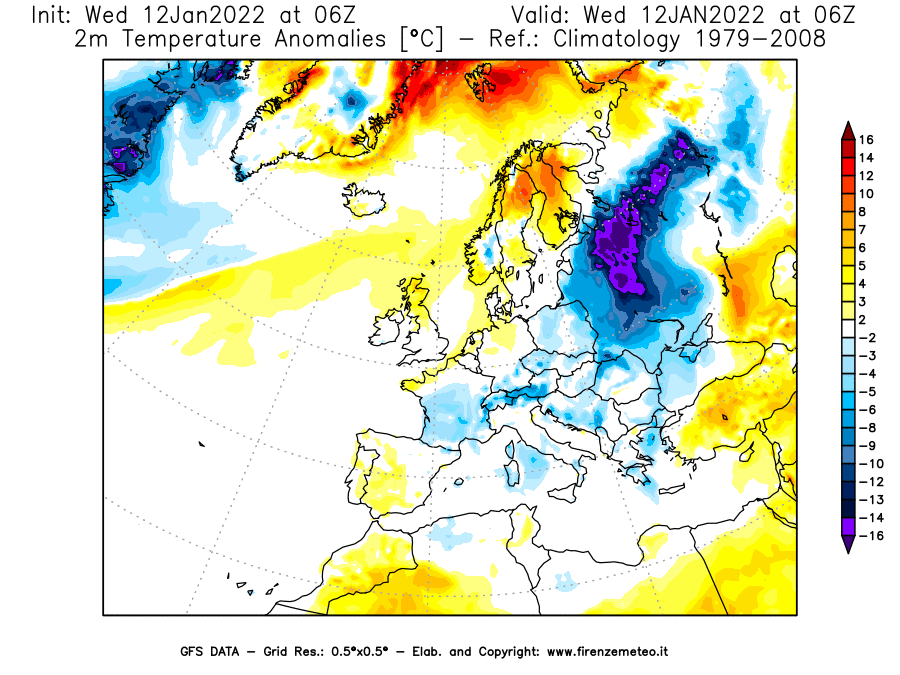 Mappa di analisi GFS - Anomalia Temperatura [°C] a 2 m in Europa
							del 12/01/2022 06 <!--googleoff: index-->UTC<!--googleon: index-->