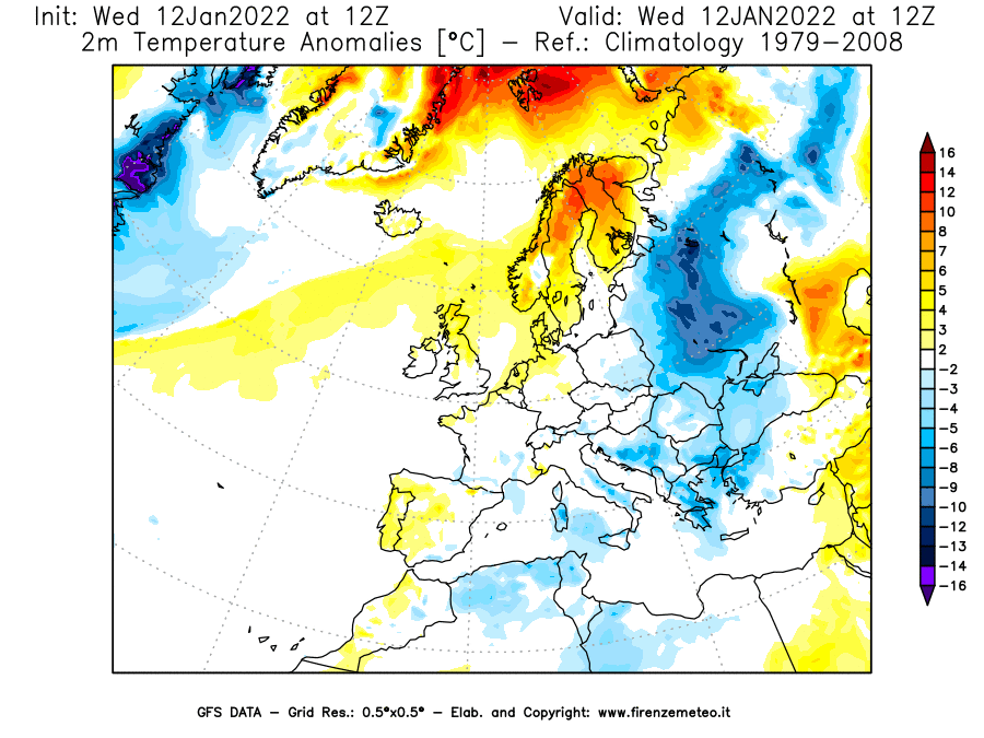 Mappa di analisi GFS - Anomalia Temperatura [°C] a 2 m in Europa
							del 12/01/2022 12 <!--googleoff: index-->UTC<!--googleon: index-->