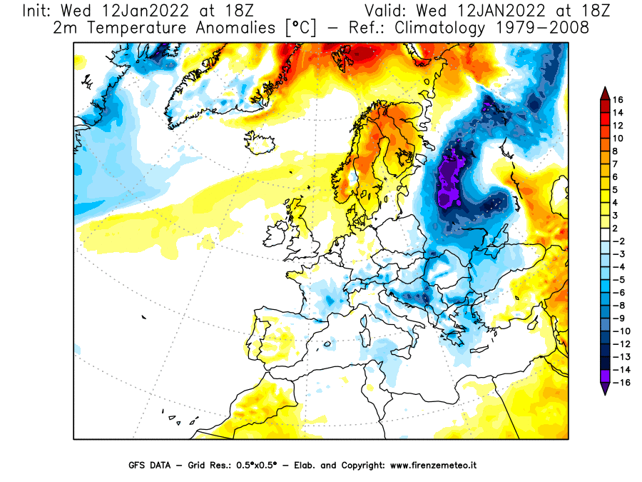 Mappa di analisi GFS - Anomalia Temperatura [°C] a 2 m in Europa
							del 12/01/2022 18 <!--googleoff: index-->UTC<!--googleon: index-->