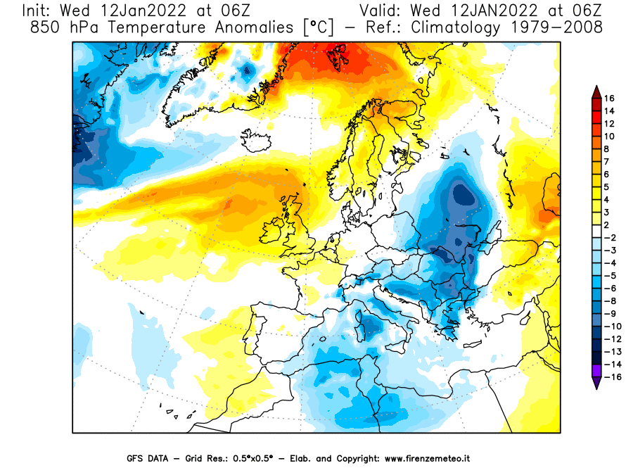 Mappa di analisi GFS - Anomalia Temperatura [°C] a 850 hPa in Europa
							del 12/01/2022 06 <!--googleoff: index-->UTC<!--googleon: index-->
