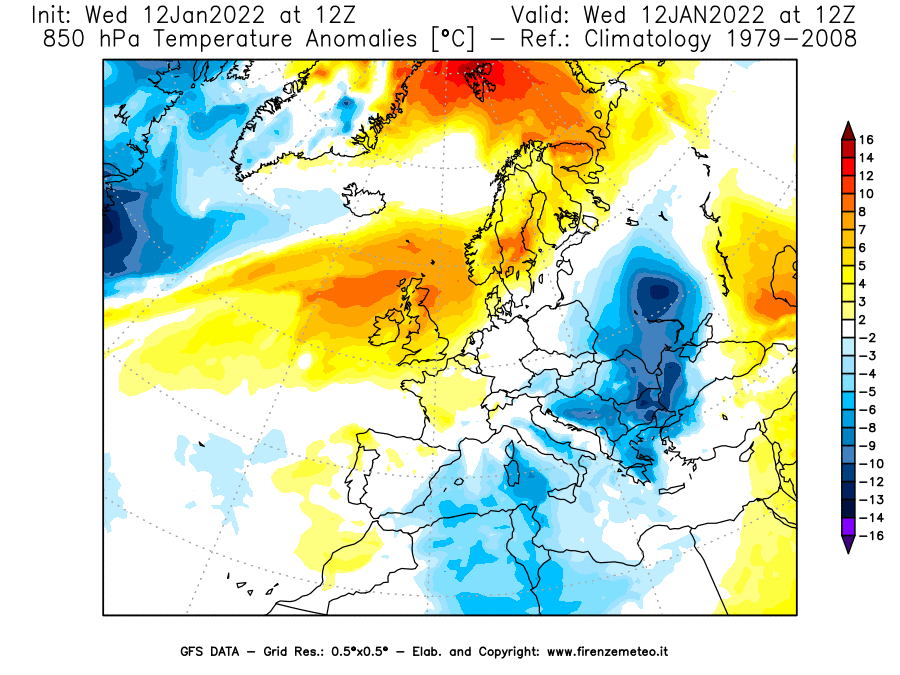 Mappa di analisi GFS - Anomalia Temperatura [°C] a 850 hPa in Europa
							del 12/01/2022 12 <!--googleoff: index-->UTC<!--googleon: index-->