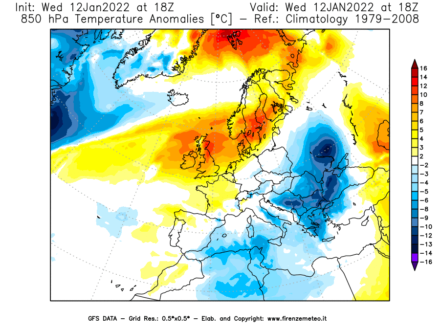 Mappa di analisi GFS - Anomalia Temperatura [°C] a 850 hPa in Europa
							del 12/01/2022 18 <!--googleoff: index-->UTC<!--googleon: index-->