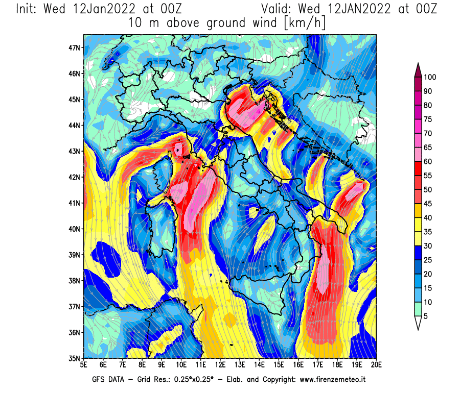 Mappa di analisi GFS - Velocità del vento a 10 metri dal suolo [km/h] in Italia
							del 12/01/2022 00 <!--googleoff: index-->UTC<!--googleon: index-->