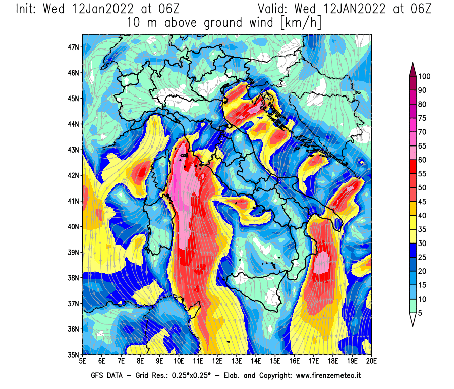 Mappa di analisi GFS - Velocità del vento a 10 metri dal suolo [km/h] in Italia
							del 12/01/2022 06 <!--googleoff: index-->UTC<!--googleon: index-->