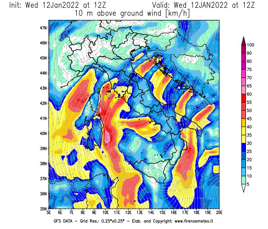 Mappa di analisi GFS - Velocità del vento a 10 metri dal suolo [km/h] in Italia
							del 12/01/2022 12 <!--googleoff: index-->UTC<!--googleon: index-->