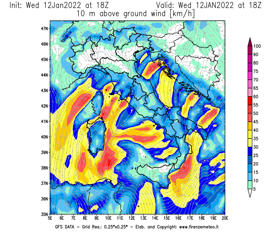 Mappa di analisi GFS - Velocità del vento a 10 metri dal suolo [km/h] in Italia
							del 12/01/2022 18 <!--googleoff: index-->UTC<!--googleon: index-->