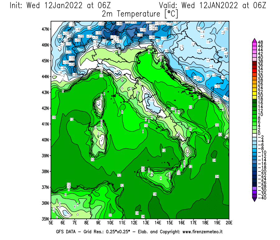Mappa di analisi GFS - Temperatura a 2 metri dal suolo [°C] in Italia
							del 12/01/2022 06 <!--googleoff: index-->UTC<!--googleon: index-->