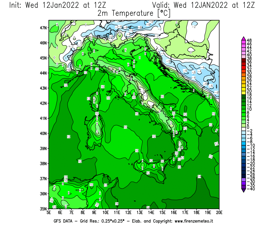 Mappa di analisi GFS - Temperatura a 2 metri dal suolo [°C] in Italia
							del 12/01/2022 12 <!--googleoff: index-->UTC<!--googleon: index-->
