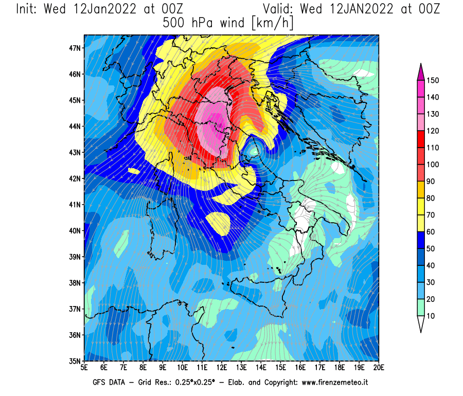 Mappa di analisi GFS - Velocità del vento a 500 hPa [km/h] in Italia
							del 12/01/2022 00 <!--googleoff: index-->UTC<!--googleon: index-->
