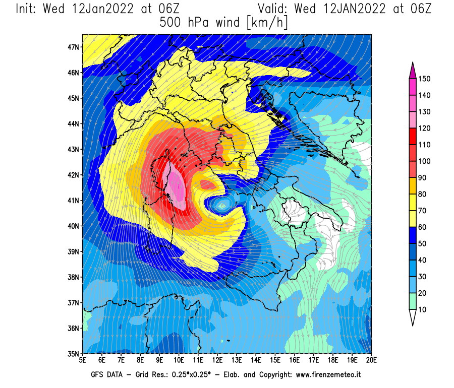 Mappa di analisi GFS - Velocità del vento a 500 hPa [km/h] in Italia
							del 12/01/2022 06 <!--googleoff: index-->UTC<!--googleon: index-->