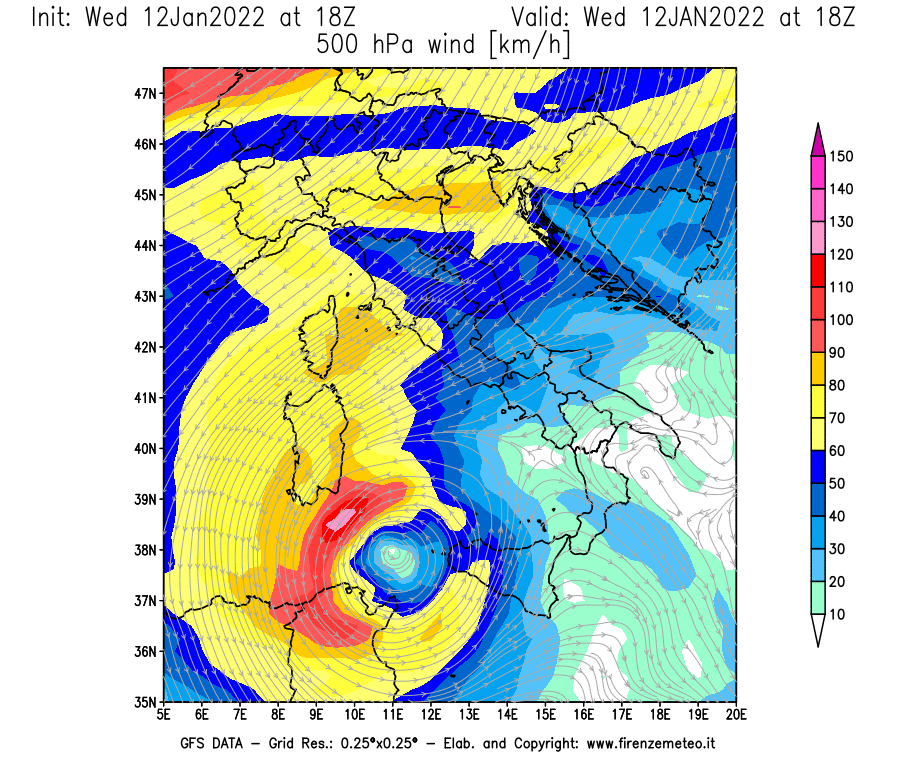 Mappa di analisi GFS - Velocità del vento a 500 hPa [km/h] in Italia
							del 12/01/2022 18 <!--googleoff: index-->UTC<!--googleon: index-->