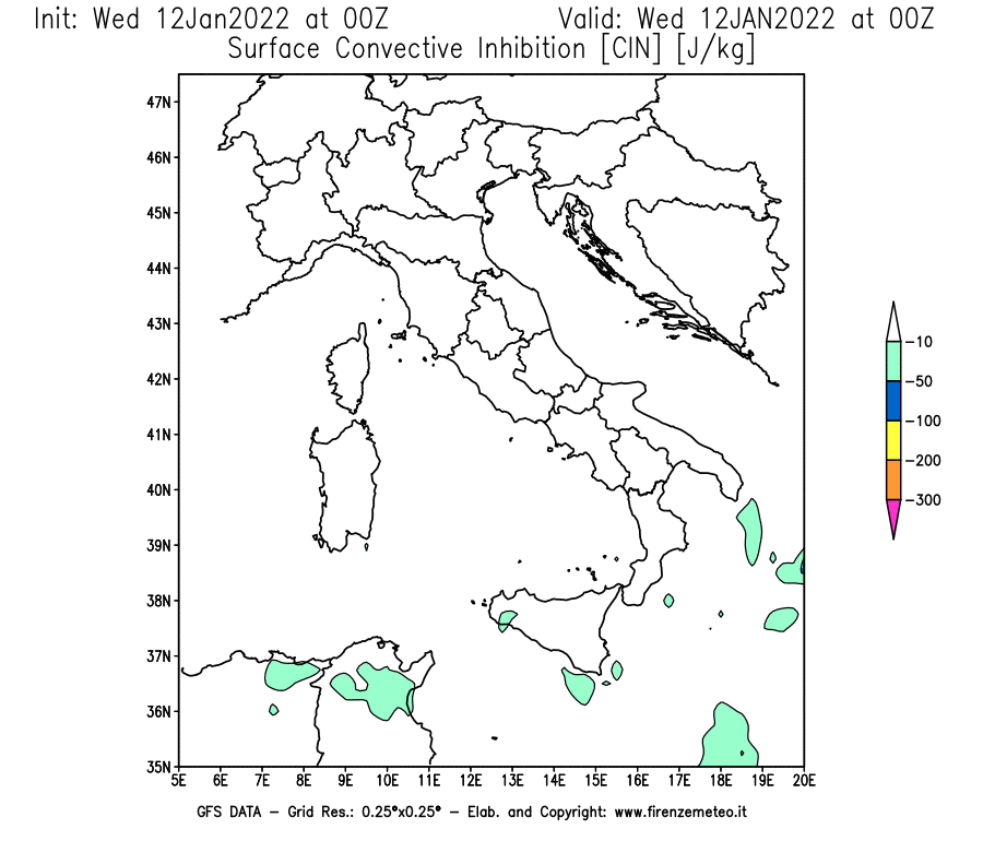Mappa di analisi GFS - CIN [J/kg] in Italia
							del 12/01/2022 00 <!--googleoff: index-->UTC<!--googleon: index-->