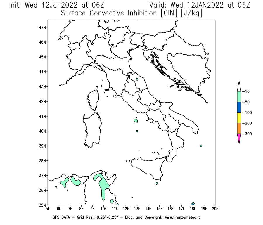 Mappa di analisi GFS - CIN [J/kg] in Italia
							del 12/01/2022 06 <!--googleoff: index-->UTC<!--googleon: index-->