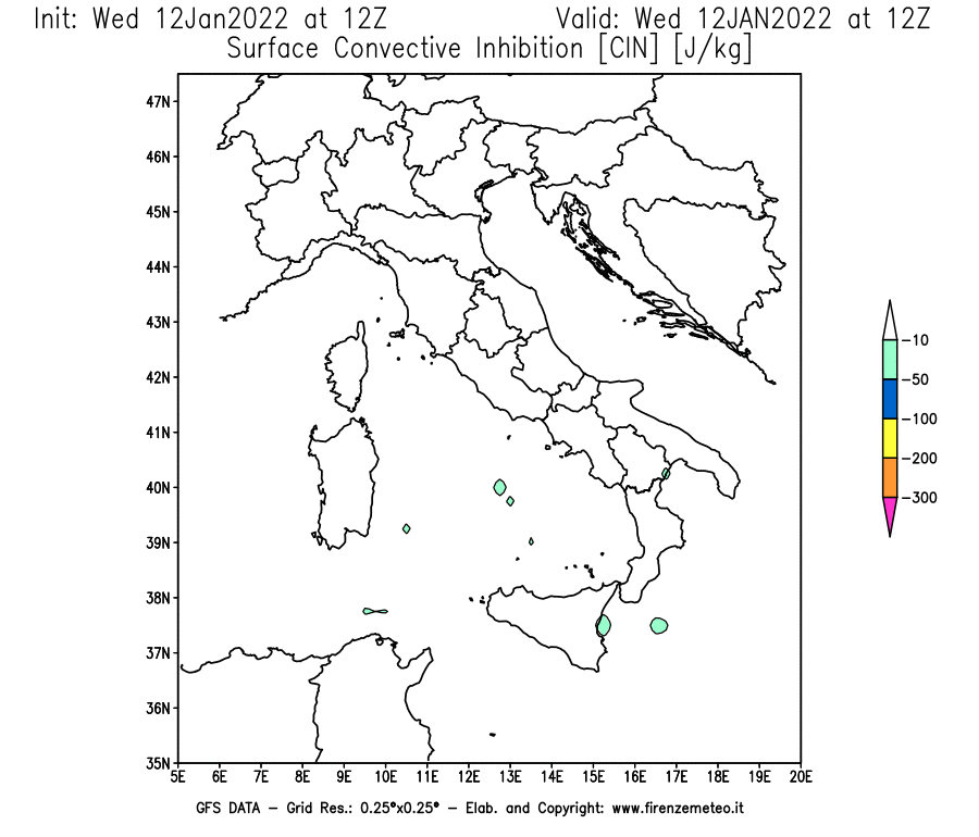 Mappa di analisi GFS - CIN [J/kg] in Italia
							del 12/01/2022 12 <!--googleoff: index-->UTC<!--googleon: index-->