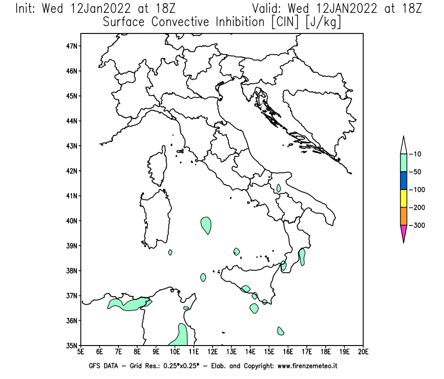 Mappa di analisi GFS - CIN [J/kg] in Italia
							del 12/01/2022 18 <!--googleoff: index-->UTC<!--googleon: index-->