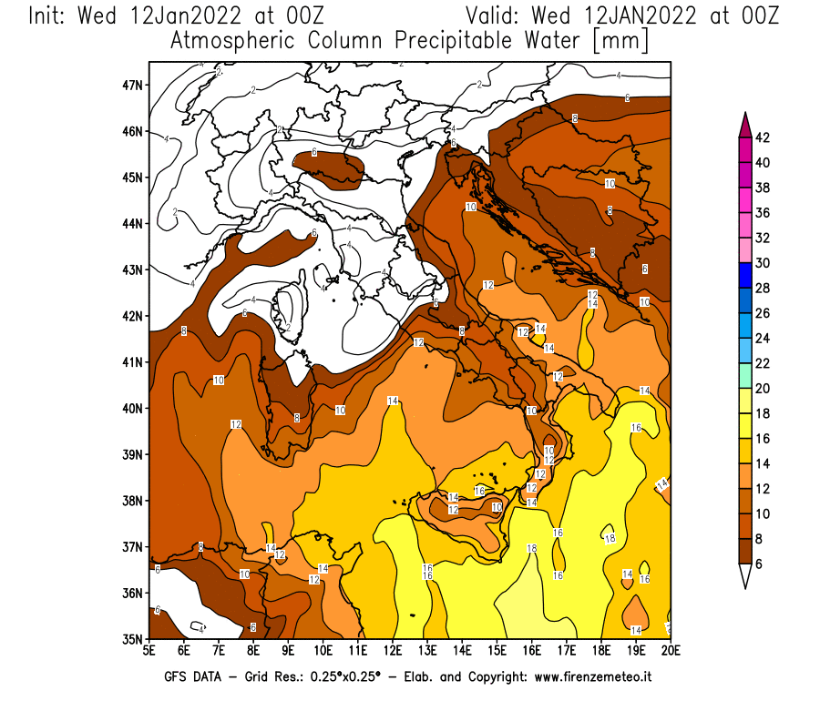 Mappa di analisi GFS - Precipitable Water [mm] in Italia
							del 12/01/2022 00 <!--googleoff: index-->UTC<!--googleon: index-->