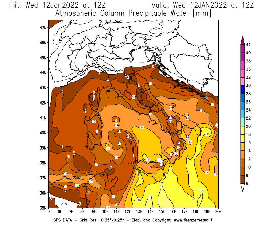 Mappa di analisi GFS - Precipitable Water [mm] in Italia
							del 12/01/2022 12 <!--googleoff: index-->UTC<!--googleon: index-->