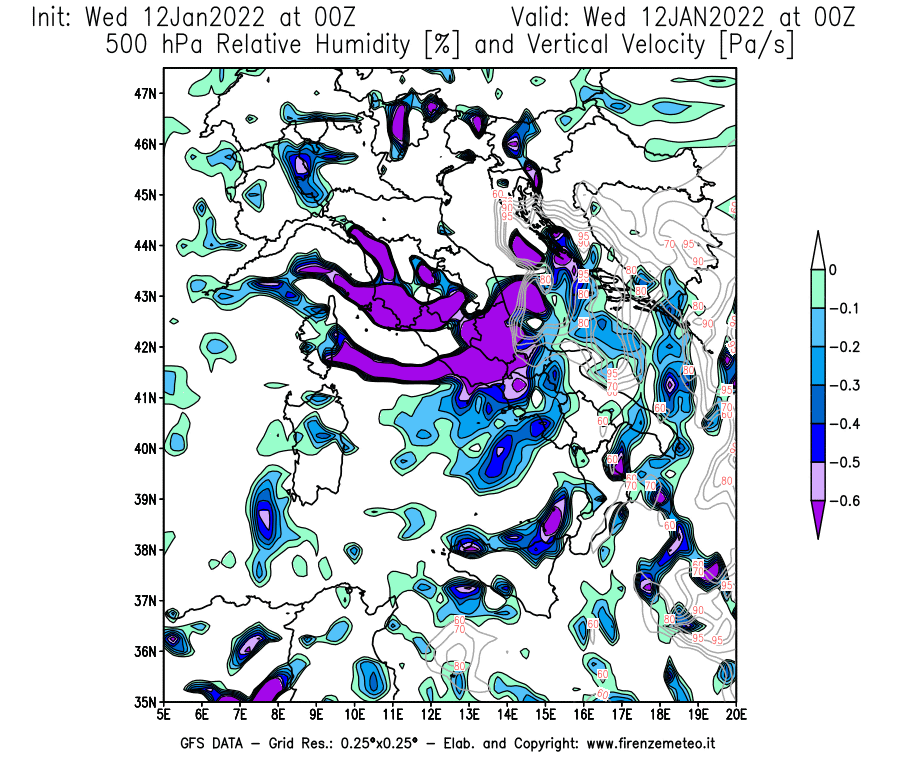 Mappa di analisi GFS - Umidità relativa [%] e Omega [Pa/s] a 500 hPa in Italia
							del 12/01/2022 00 <!--googleoff: index-->UTC<!--googleon: index-->