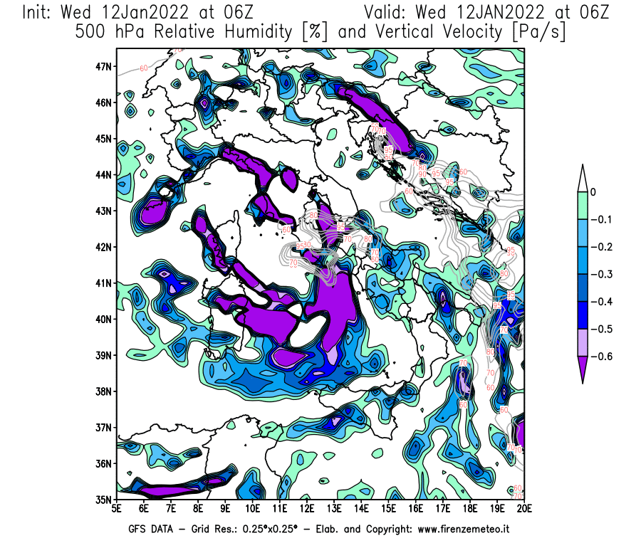 Mappa di analisi GFS - Umidità relativa [%] e Omega [Pa/s] a 500 hPa in Italia
							del 12/01/2022 06 <!--googleoff: index-->UTC<!--googleon: index-->