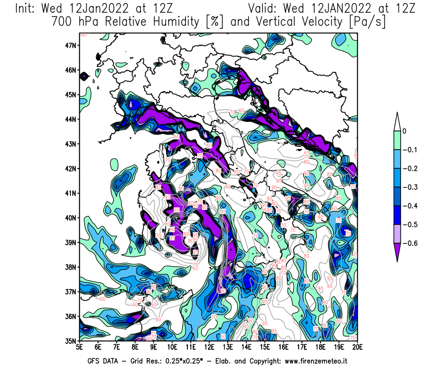 Mappa di analisi GFS - Umidità relativa [%] e Omega [Pa/s] a 700 hPa in Italia
							del 12/01/2022 12 <!--googleoff: index-->UTC<!--googleon: index-->