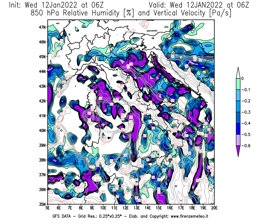 Mappa di analisi GFS - Umidità relativa [%] e Omega [Pa/s] a 850 hPa in Italia
							del 12/01/2022 06 <!--googleoff: index-->UTC<!--googleon: index-->