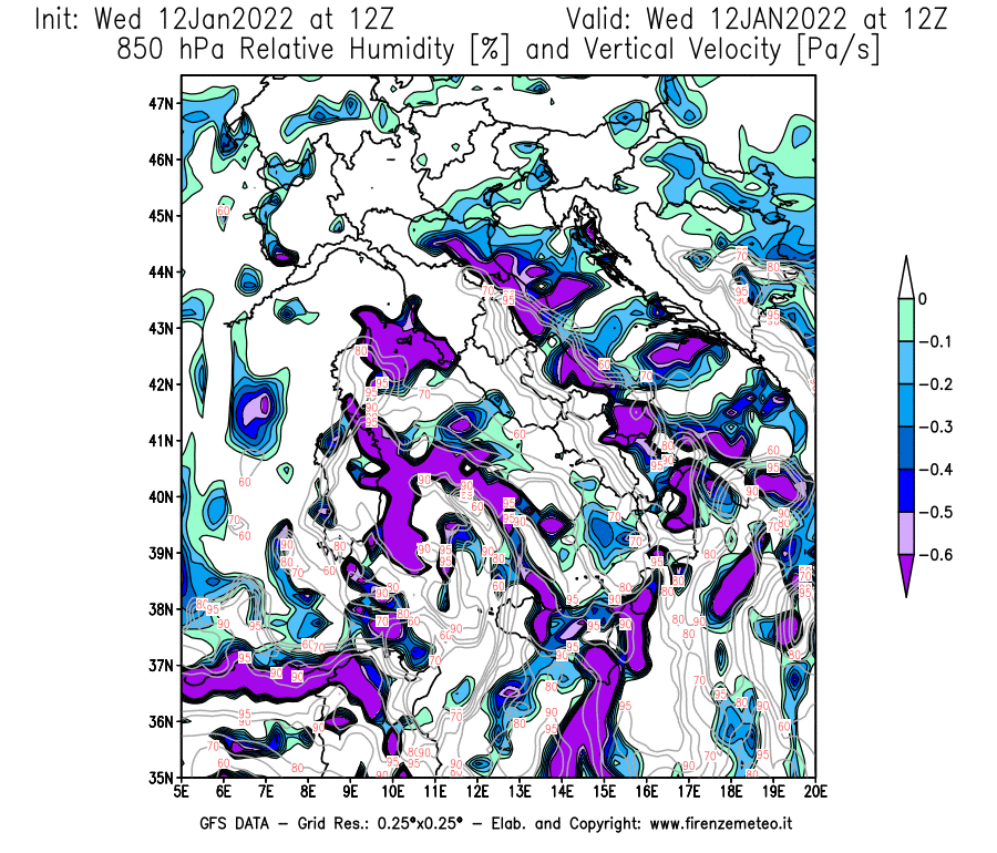 Mappa di analisi GFS - Umidità relativa [%] e Omega [Pa/s] a 850 hPa in Italia
							del 12/01/2022 12 <!--googleoff: index-->UTC<!--googleon: index-->