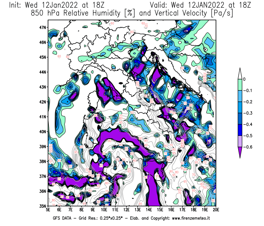 Mappa di analisi GFS - Umidità relativa [%] e Omega [Pa/s] a 850 hPa in Italia
							del 12/01/2022 18 <!--googleoff: index-->UTC<!--googleon: index-->