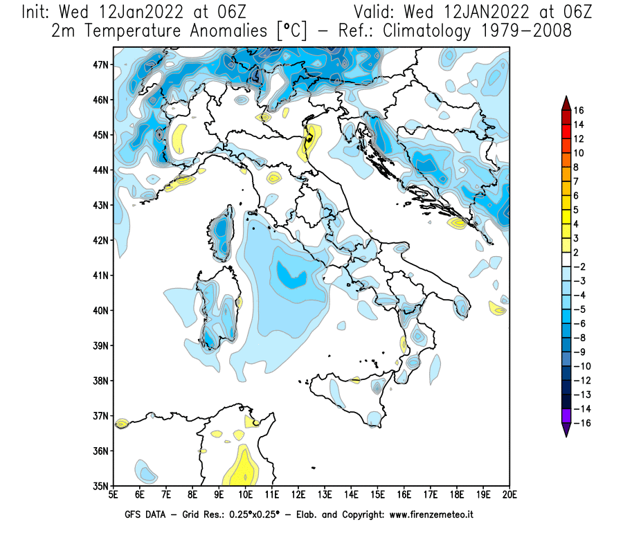 Mappa di analisi GFS - Anomalia Temperatura [°C] a 2 m in Italia
							del 12/01/2022 06 <!--googleoff: index-->UTC<!--googleon: index-->
