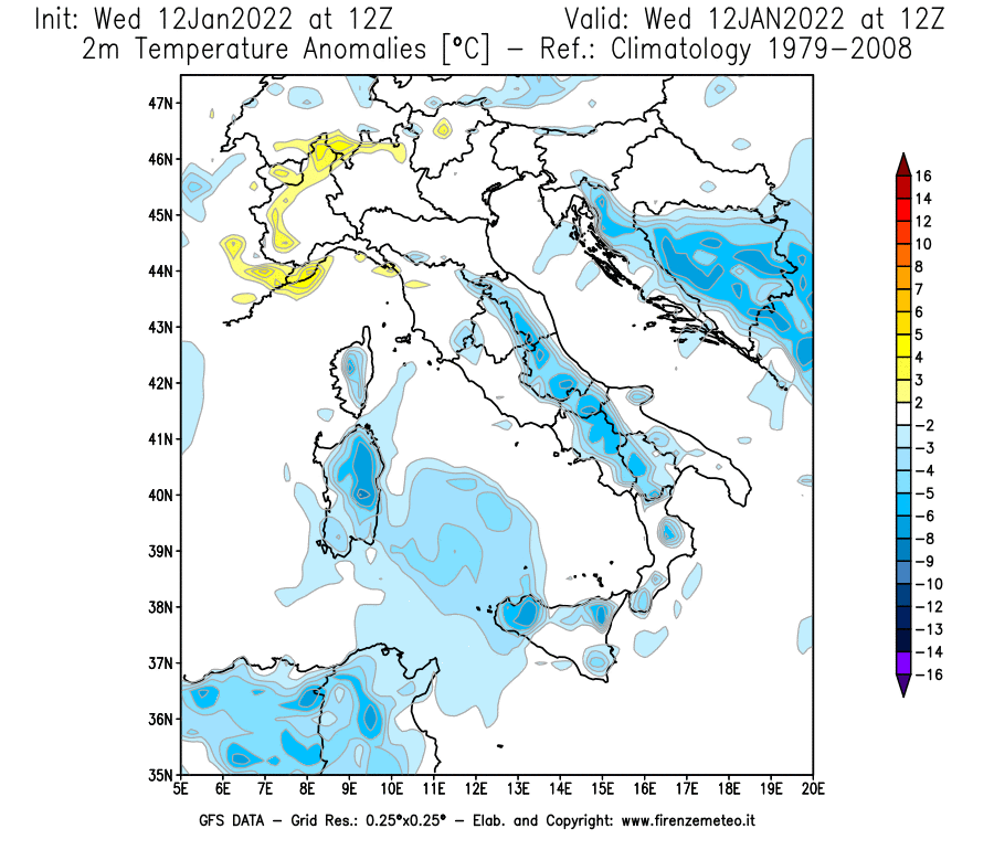 Mappa di analisi GFS - Anomalia Temperatura [°C] a 2 m in Italia
							del 12/01/2022 12 <!--googleoff: index-->UTC<!--googleon: index-->